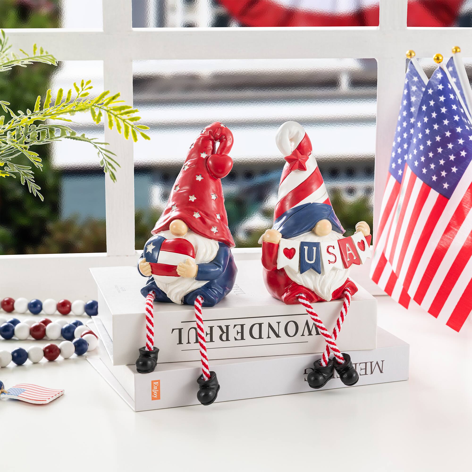 Glitzhome® Set of 2 Patriotic Americana Polyresin Gnomes with Dangling Legs Table Decor